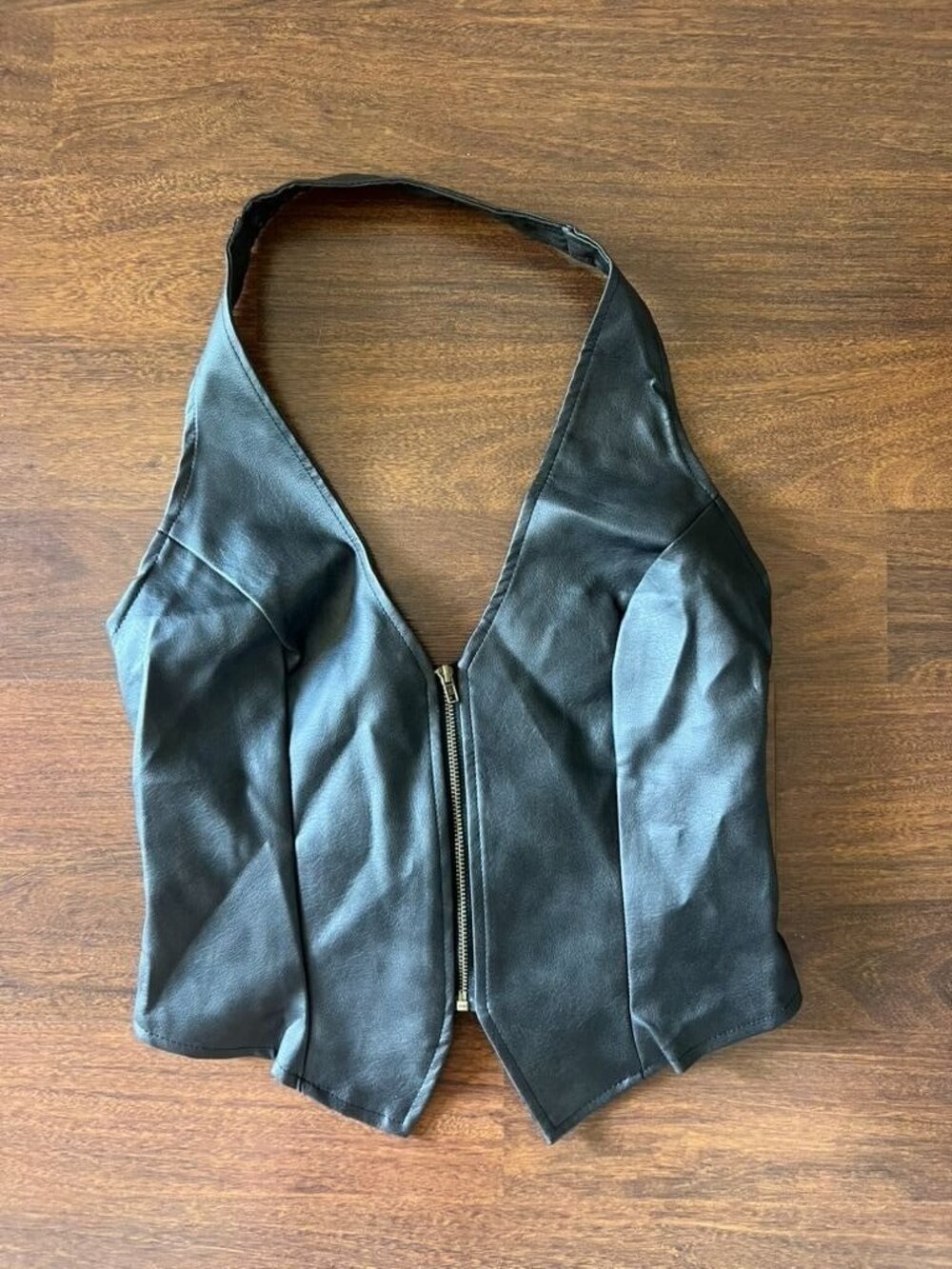 Shein Black Faux Leather Halter Top Womens Medium Zip Front Tie Back Edgy